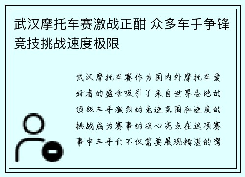 武汉摩托车赛激战正酣 众多车手争锋竞技挑战速度极限